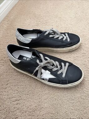 Golden Goose-Style Black Leather Low-Top Hi Star Sneakers with Silver Star 9 40